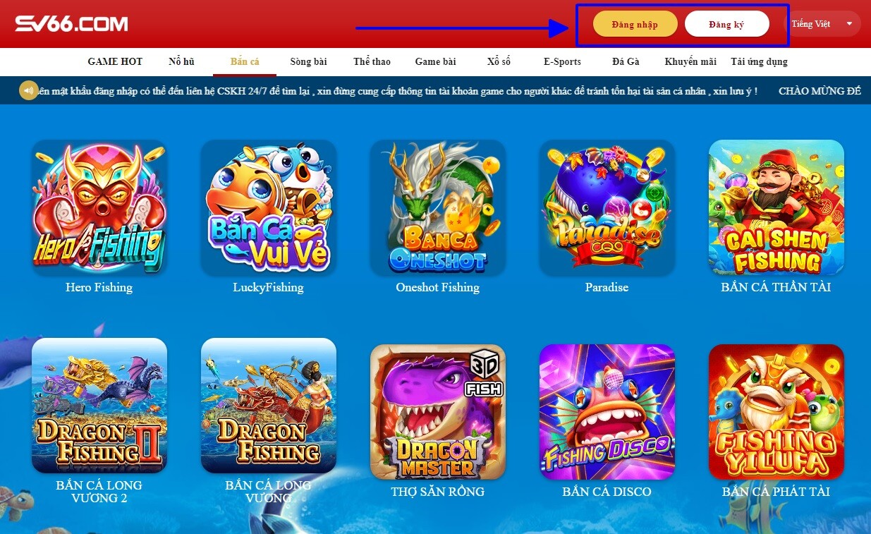 Nhấp vào biểu tượng để đăng ký/đăng nhập vào tài khoản game tại SV66 