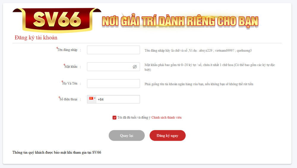 Hướng dẫn đăng ký SV66 dễ dàng - đơn giản cho người mới 11 Đăng ký tài khoản tại SV66